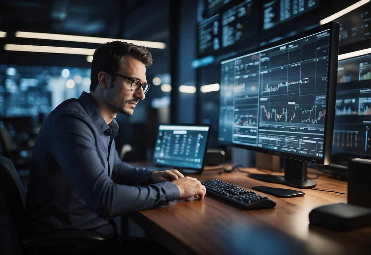 A small business owner analyzes data and implements AI tools for improved efficiency and decision-making