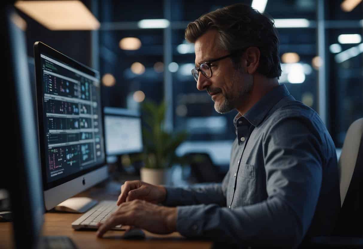 A small business owner interacts with AI software, analyzing data and making strategic decisions. The AI system seamlessly integrates into the business operations, increasing efficiency and productivity