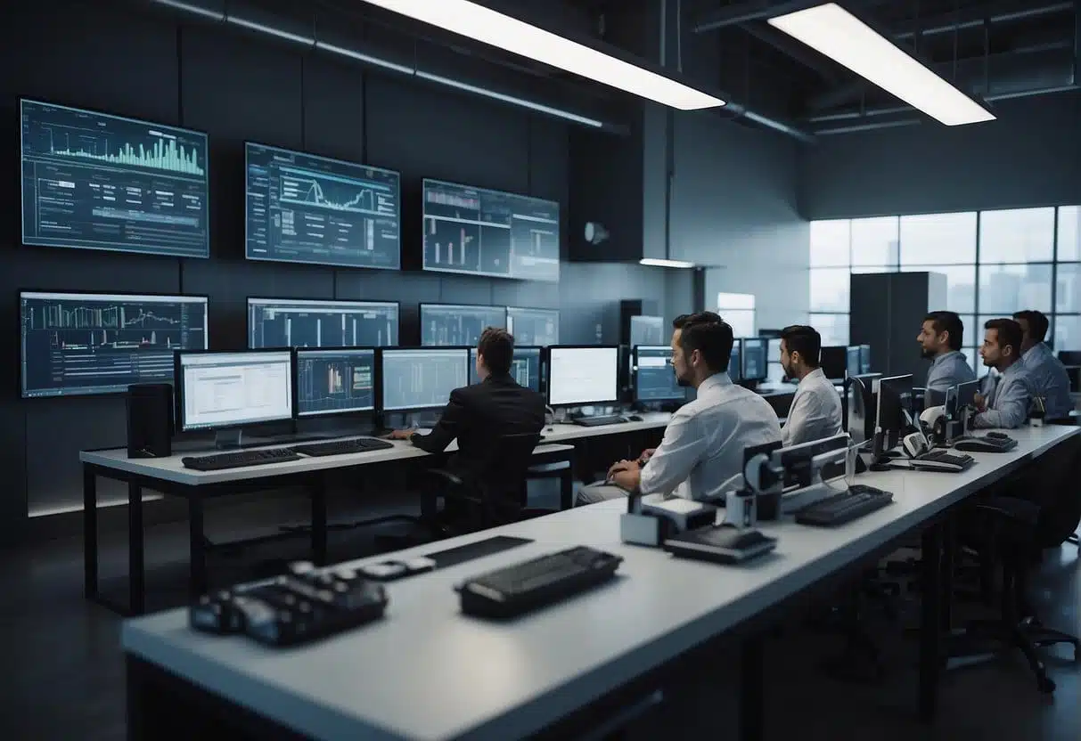 Various industries buzzing with AI: a small business owner analyzing data, a production line optimized by AI, a customer service chatbot assisting clients