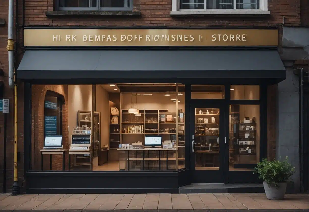 Small business storefront with AI technology seamlessly integrated into daily operations. Customers interact with AI-driven systems for personalized service