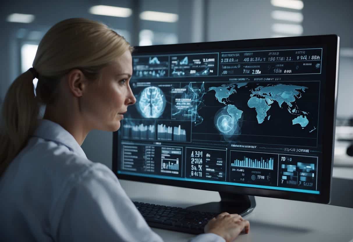 AI analyzes medical data on a computer screen in a small clinic, aiding in diagnosis and treatment decisions