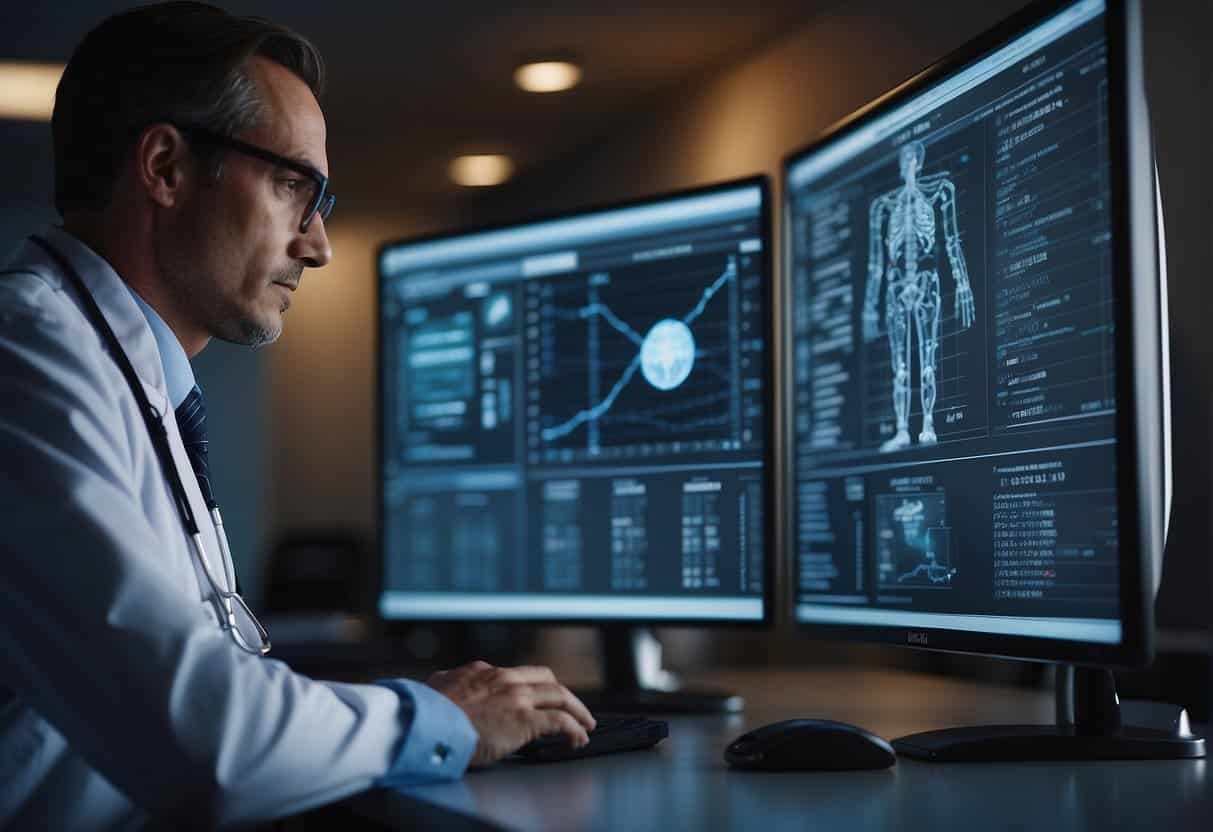 An AI system analyzes patient data on a computer screen in a small medical office