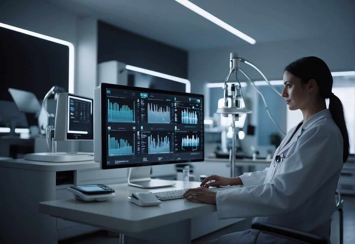 A small medical practice with AI technology assisting doctors in diagnosing patients and managing healthcare data. Futuristic medical devices and smart algorithms in use