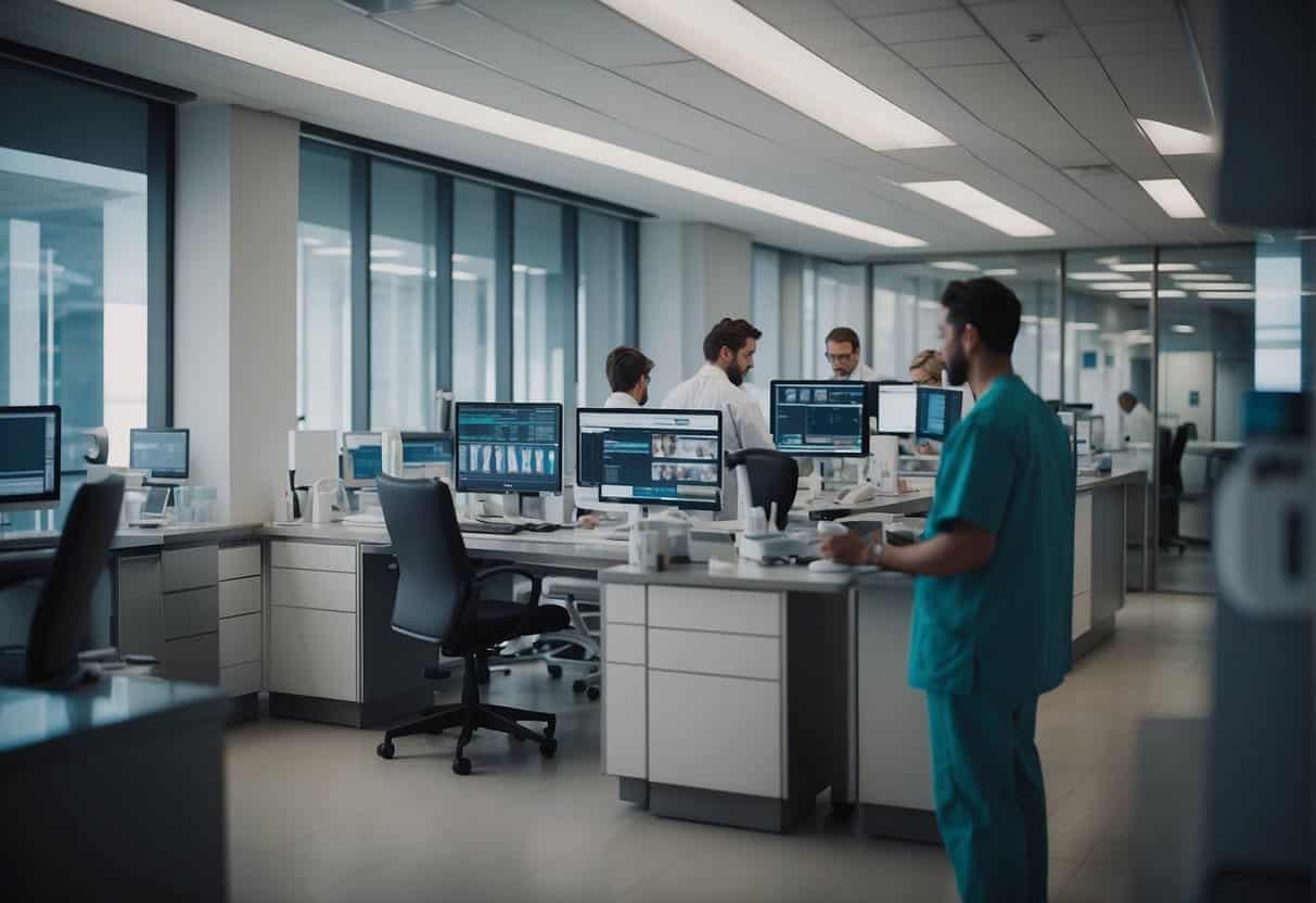 A bustling medical office with AI technology seamlessly integrated into patient care, from diagnostics to treatment planning. Busy staff navigate the opportunities and challenges of implementing AI in a small practice