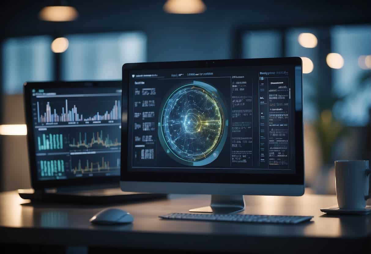 An AI system analyzes medical data, while researchers develop new healthcare applications