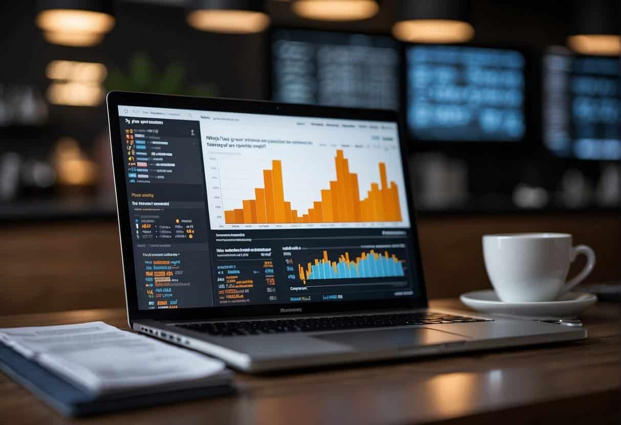A laptop displaying a graph of rising sales, surrounded by glowing testimonials and case study reports