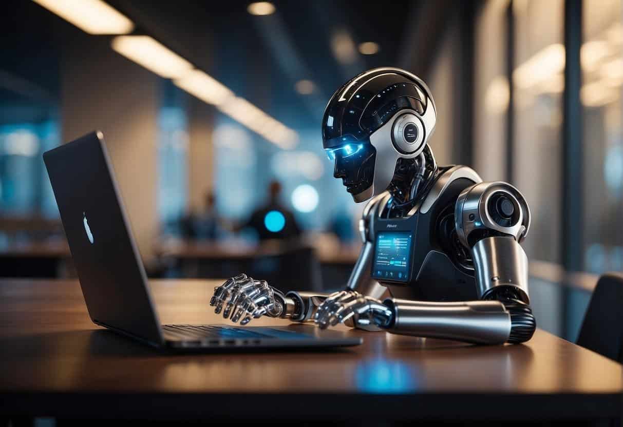 AI and IoT devices interact in a modern office setting, exchanging data seamlessly to optimize business operations