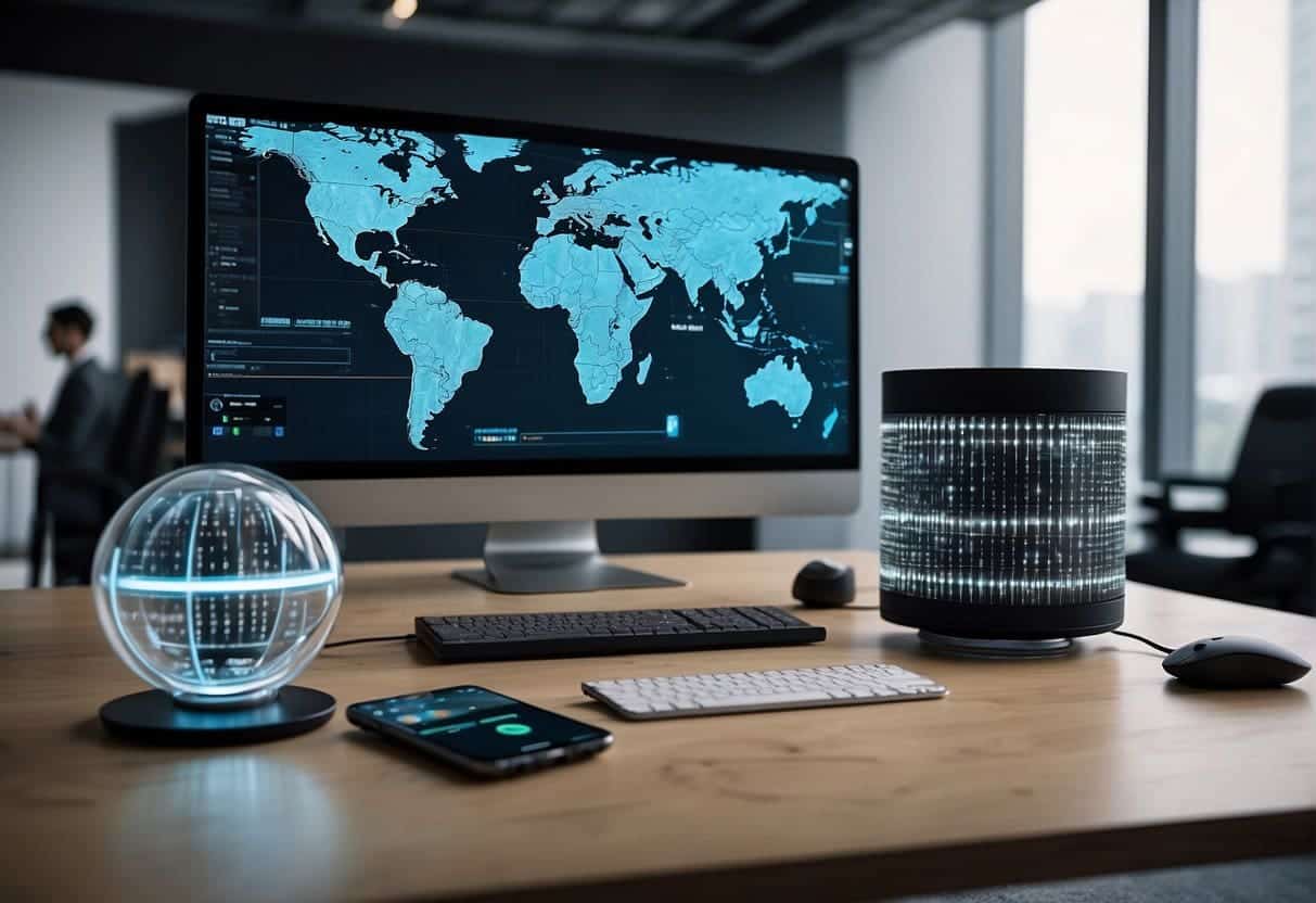 Various AI and IoT devices seamlessly integrate in a modern office setting, with smart solutions enhancing productivity and efficiency