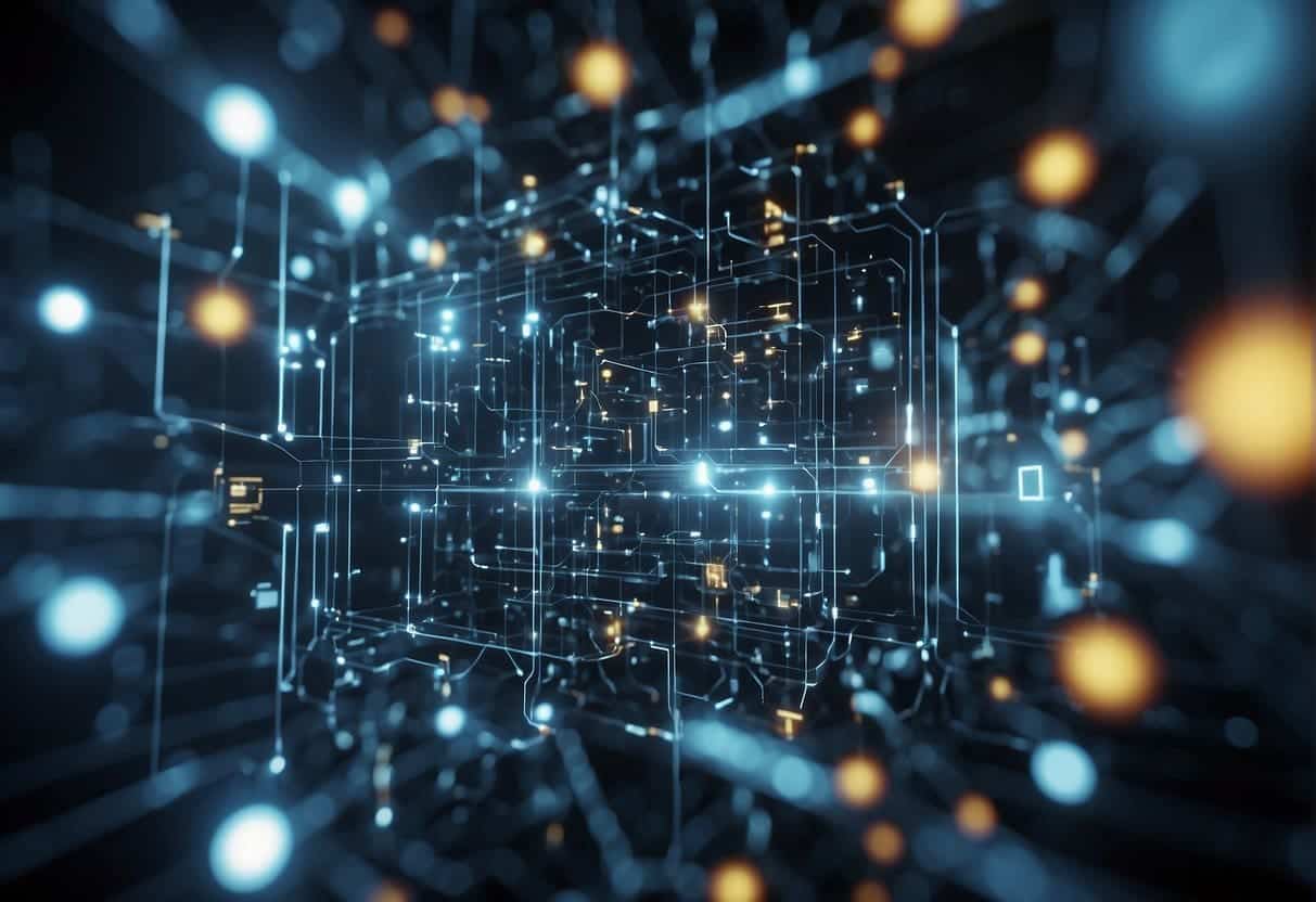 A network of interconnected devices and sensors, with AI algorithms analyzing data for smart business solutions
