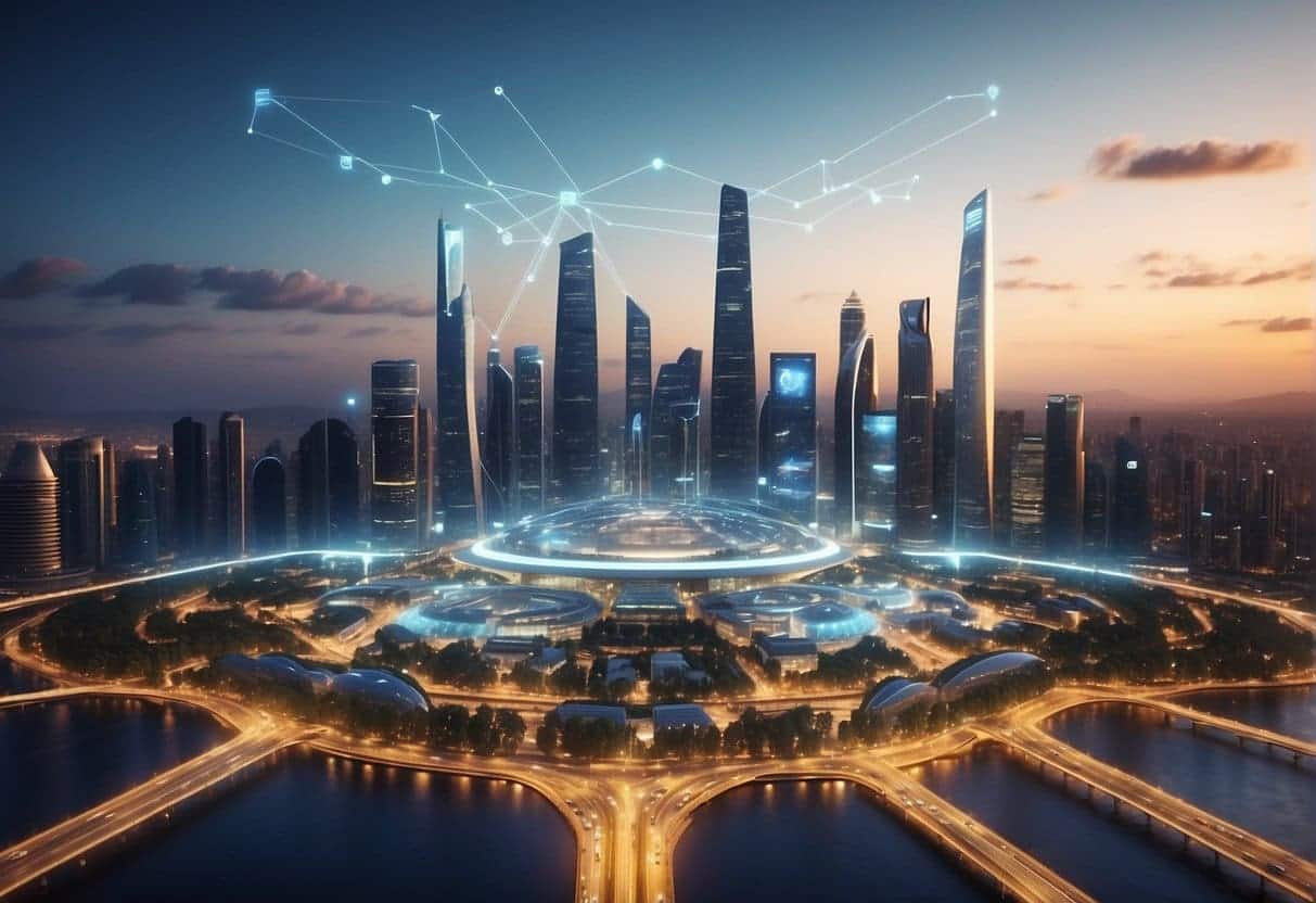 A futuristic city skyline with interconnected AI and IoT devices, showcasing seamless integration and data communication for smart business solutions