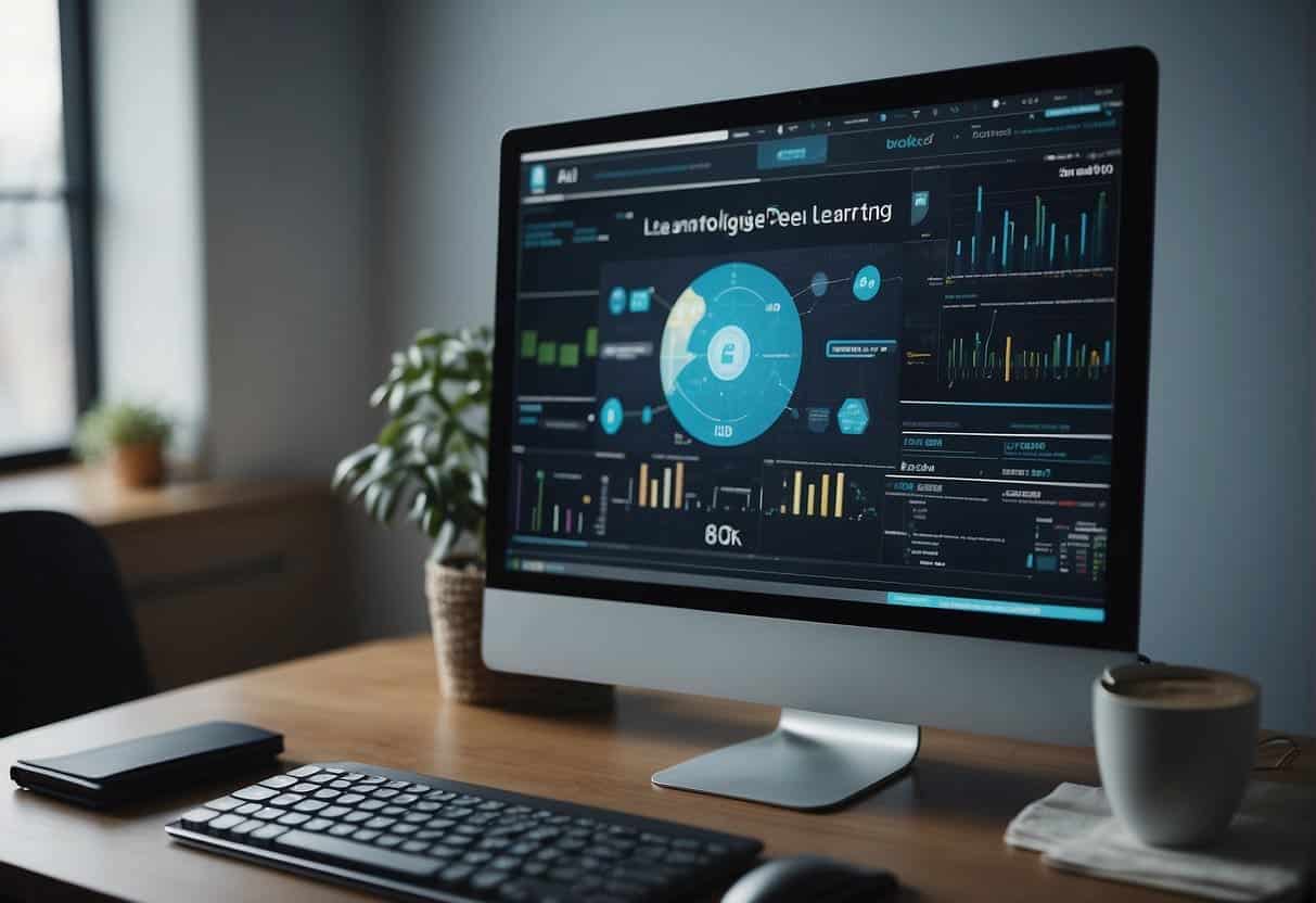 AI technologies enhance online learning. A computer screen displays interactive lessons. Algorithms analyze student progress