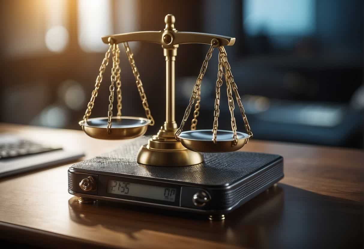 A scale with a lock symbol representing data protection. AI algorithms in the background. Legal documents and privacy laws surrounding the scale