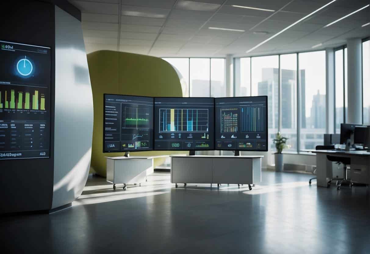 An AI system monitors energy usage in a modern office building, adjusting settings for optimal efficiency. Renewable energy sources are integrated into the system, reducing the building's carbon footprint