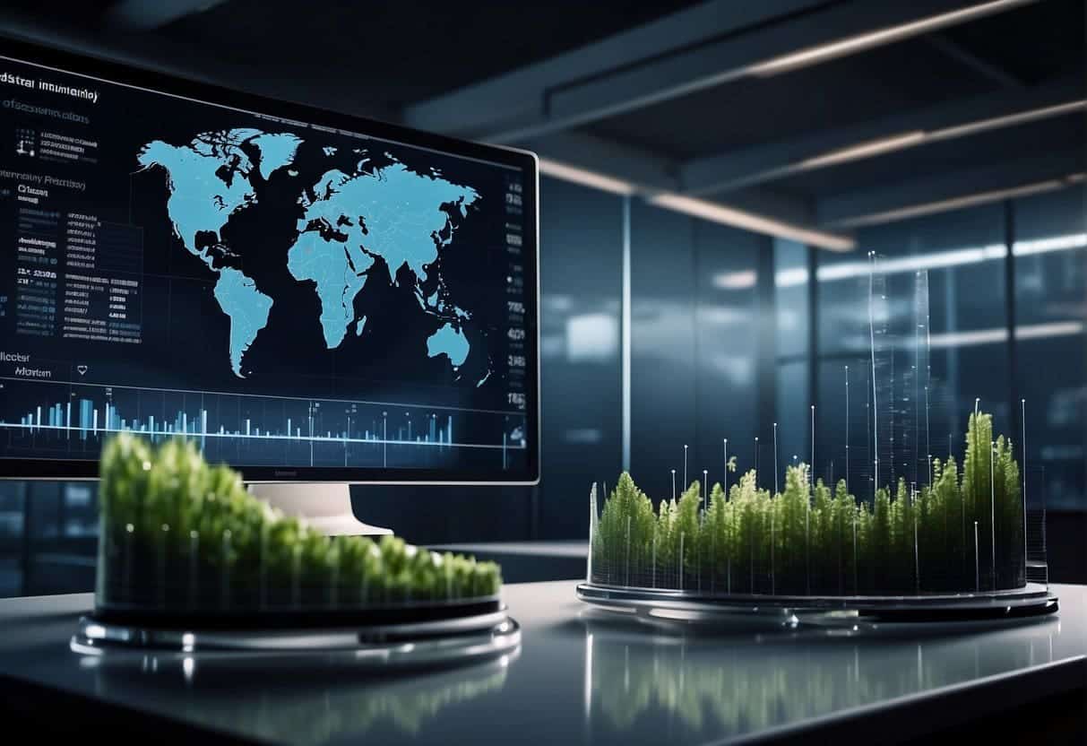 An AI system analyzing environmental data, with graphs and charts showing sustainability impact in business practices