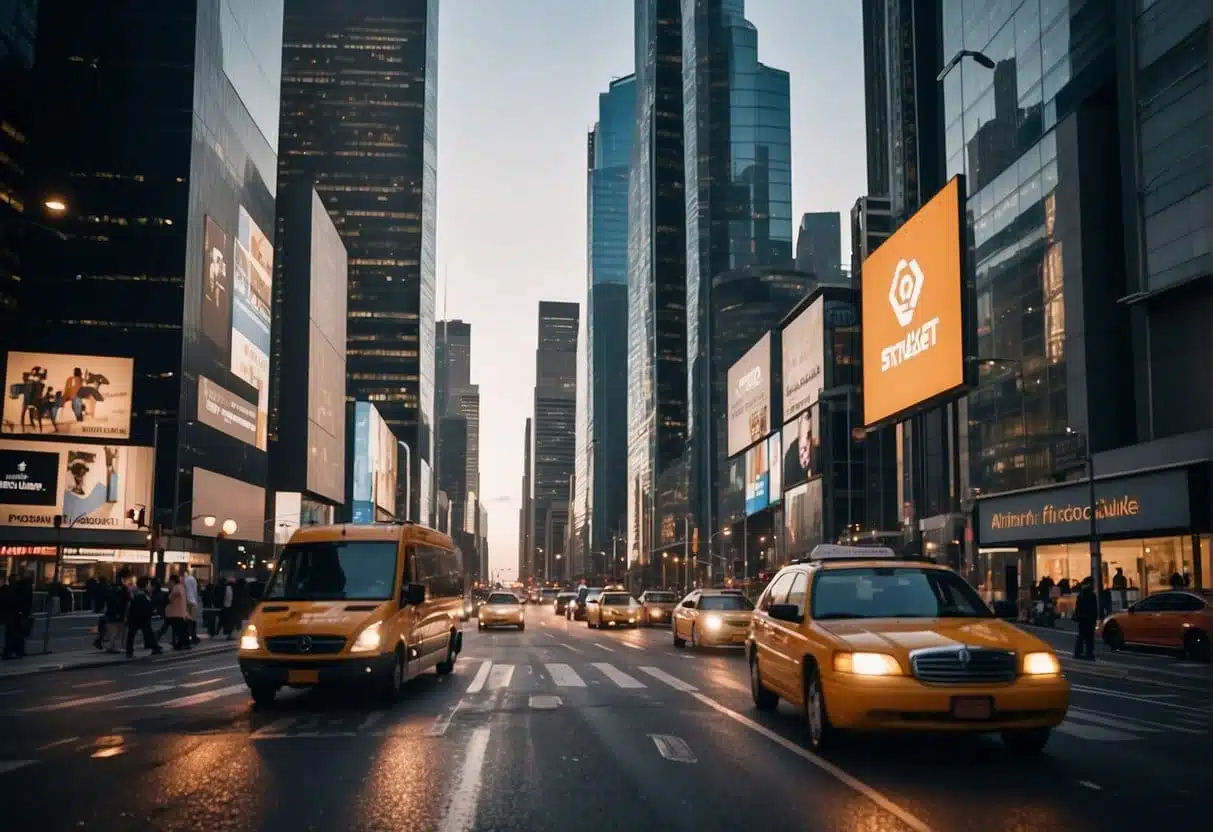 A bustling city street with skyscrapers in the background, featuring prominent fintech company logos and sleek, modern website designs displayed on digital billboards