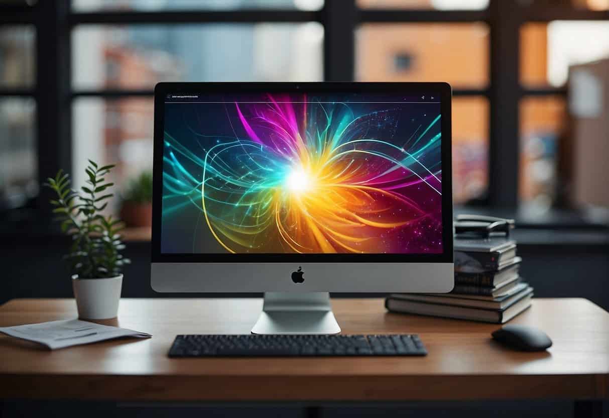 A computer screen with Canva tools open, surrounded by design elements and marketing materials. Bright colors and clean lines