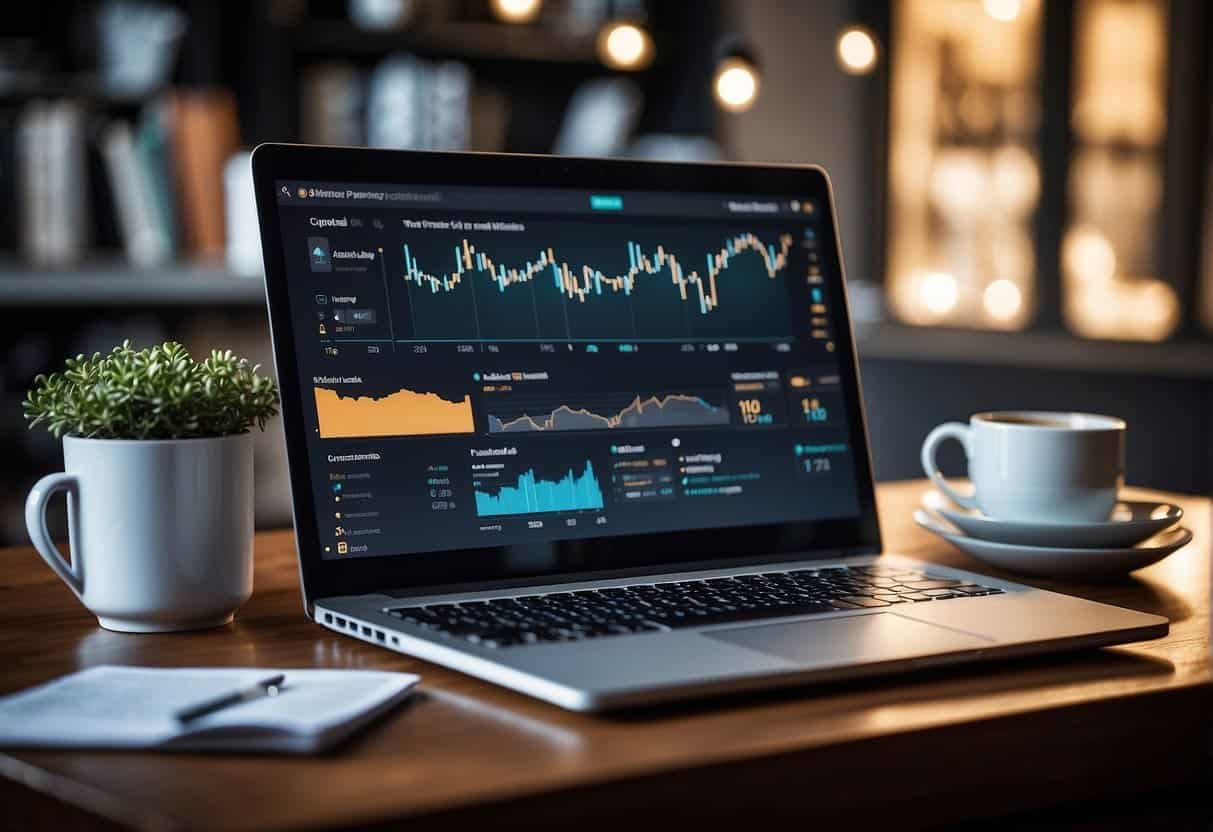 A group of diverse individuals sit around a table, sharing ideas and collaborating on a marketing design project using Canva. Laptops, notebooks, and colorful design elements are scattered across the table