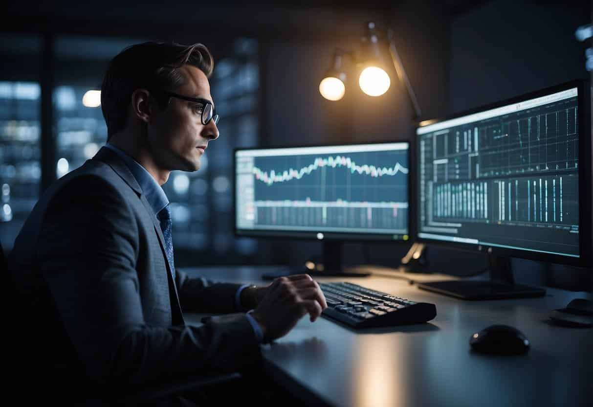 AI analyzing data, charts, and graphs on a computer screen, while a risk management model is being tested for decision-making improvement