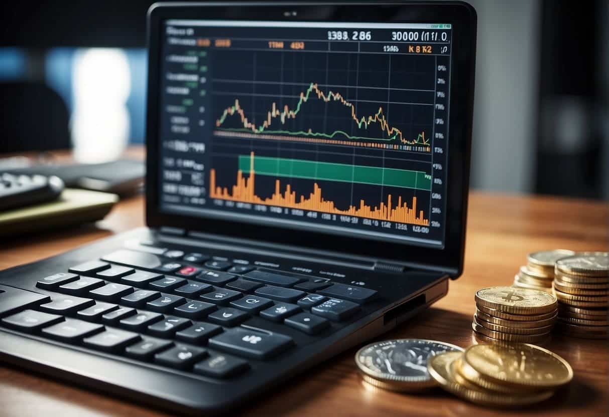 Various financial charts and graphs displayed on a computer screen, with a stack of coins and a calculator on a desk