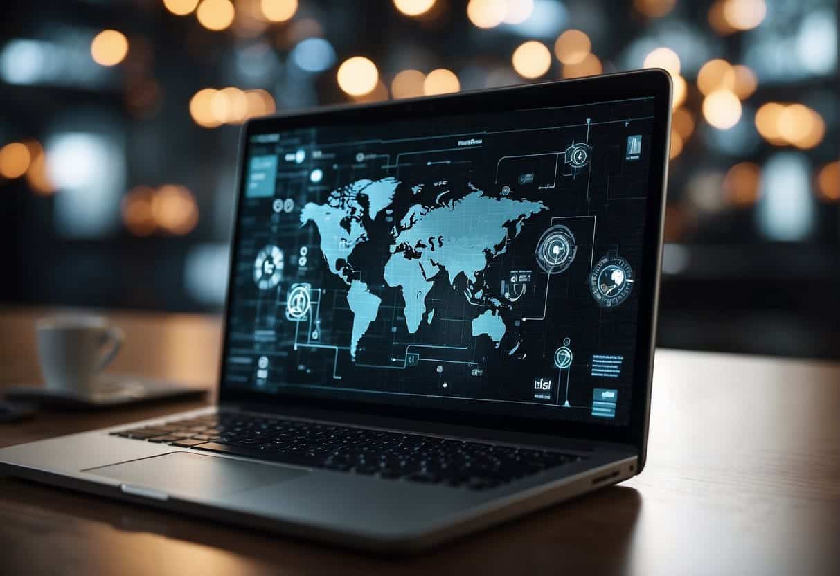 A computer screen displaying a website with strategically placed internal links. SEO keywords integrated into the design. A web designer at work