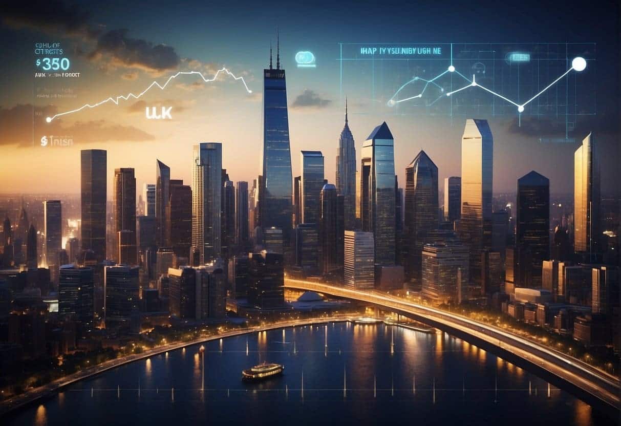 A bustling city skyline with financial district buildings, digital currency symbols, and upward trending graphs