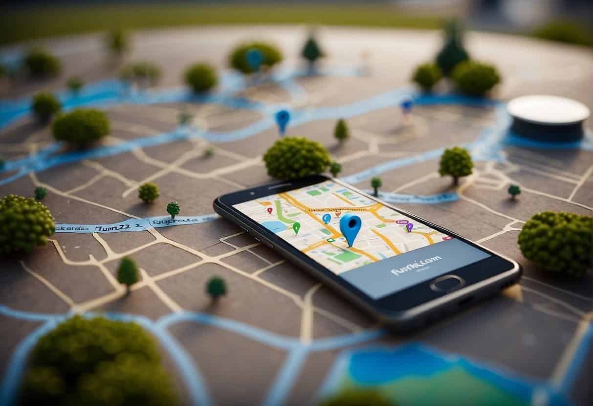 A smartphone displaying a map with location pins and a business listing, surrounded by mobile devices and local landmarks