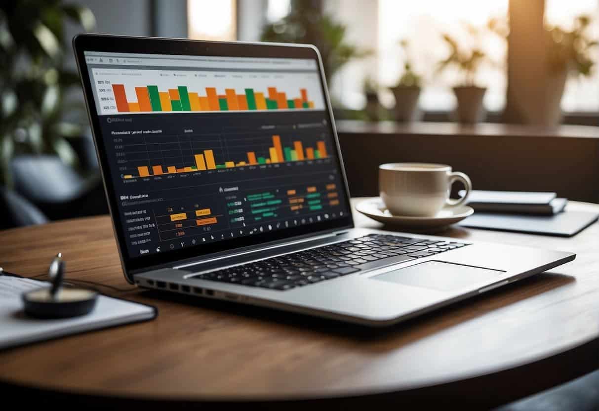 A laptop open to a Google Sheets document, with charts and graphs displayed on the screen, surrounded by pens, notebooks, and a cup of coffee