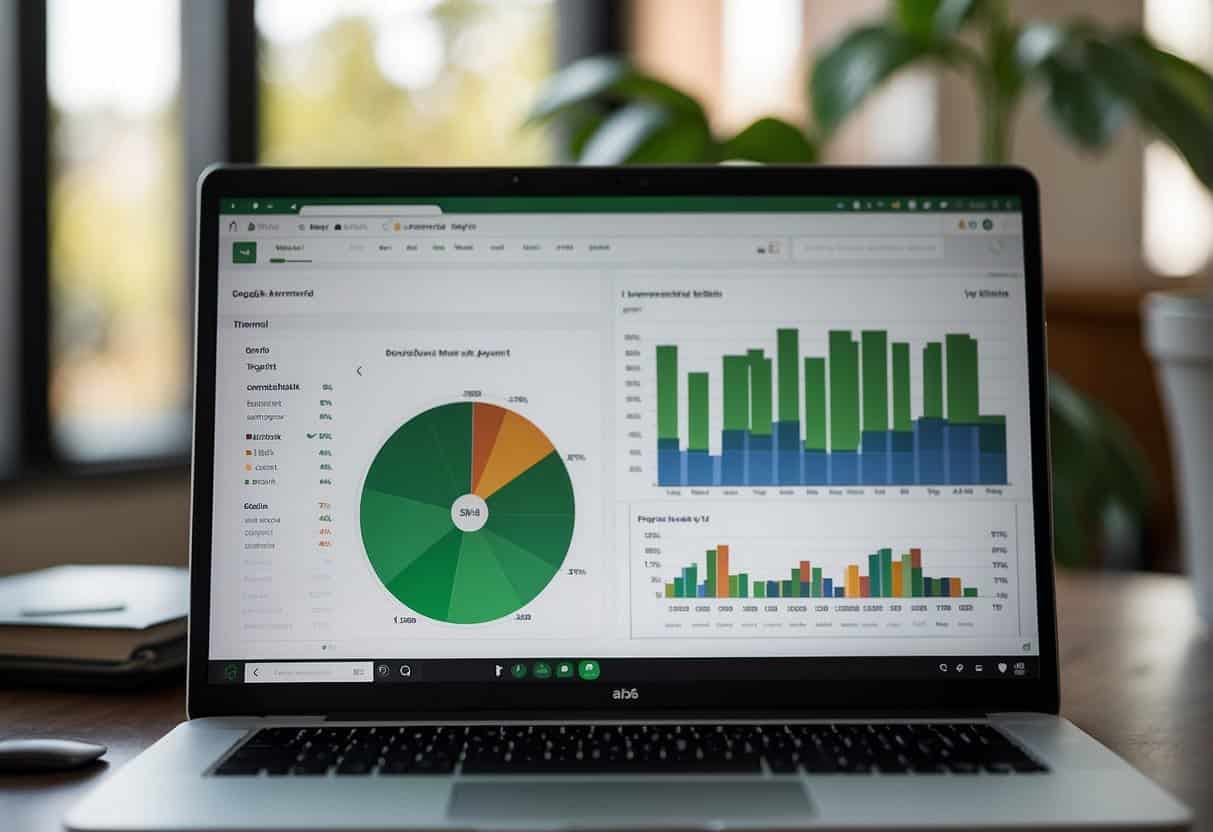 Google Sheets open on a computer screen, with data being imported from external sources. Charts and graphs display data analysis and tracking