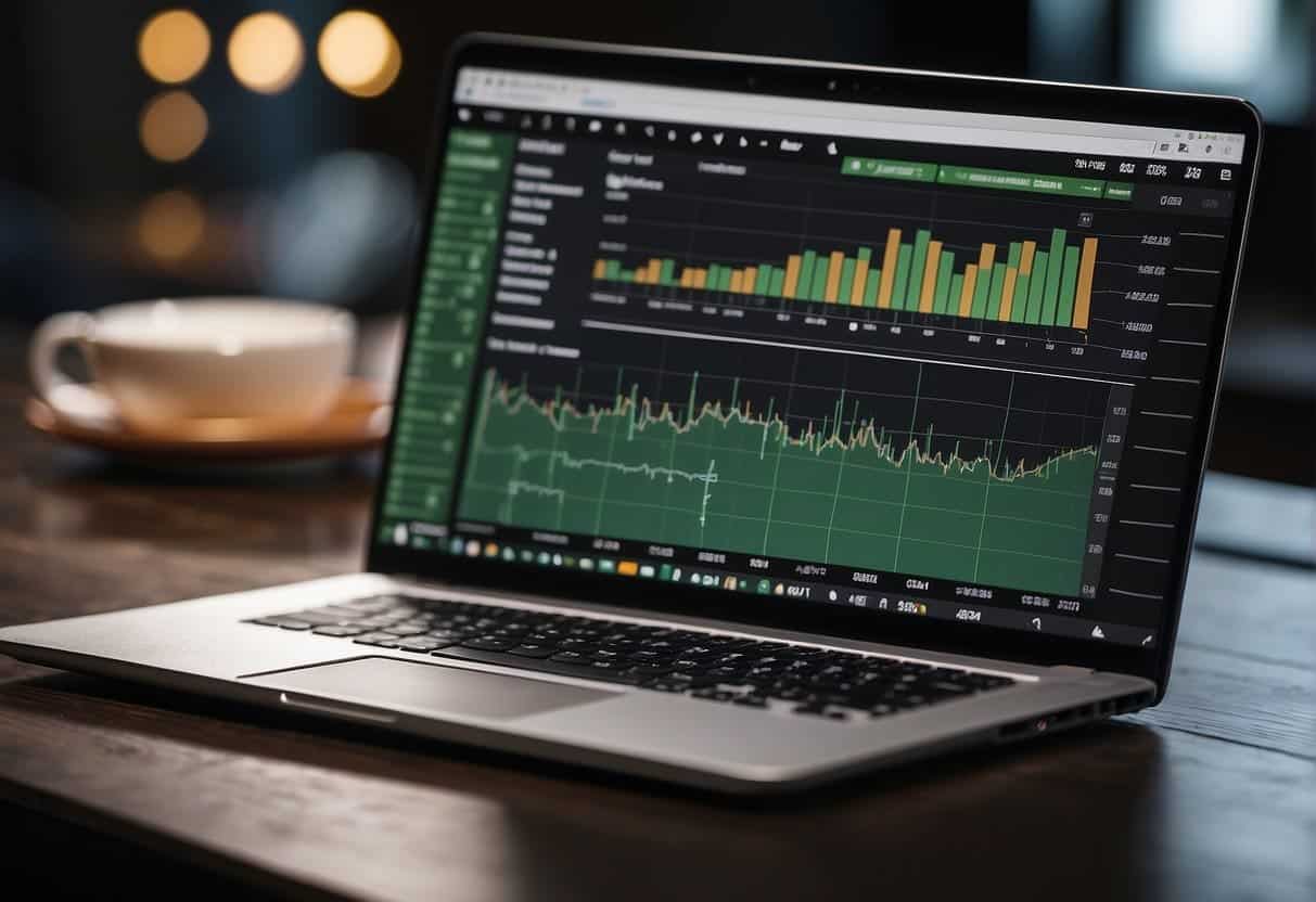 A laptop displaying a Google Sheets interface with multiple tabs open, charts and graphs, and a large dataset being manipulated for analysis and tracking