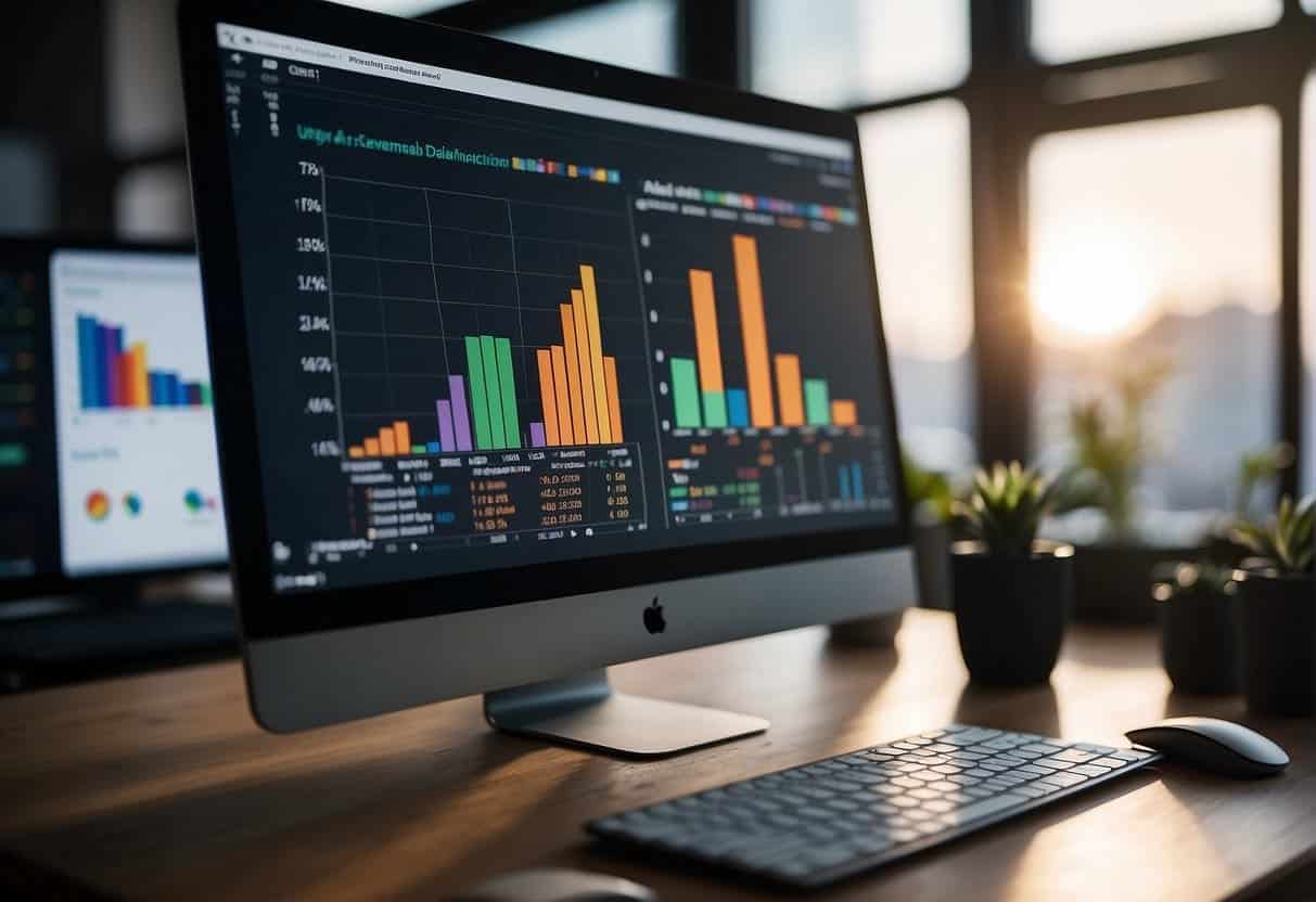 Colorful charts and graphs displayed on a computer screen, with Google Sheets open for data analysis and tracking