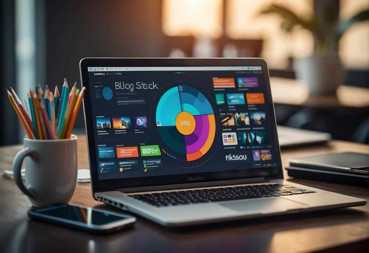 A laptop displaying a blog with colorful and engaging visuals, surrounded by various devices and office supplies. A user-friendly interface and creative content are emphasized