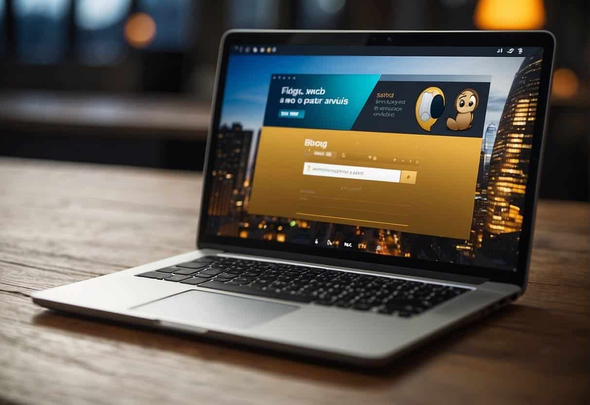 A laptop displaying a blog post with engaging content. A diverse audience of readers interacting with the post through likes, comments, and shares