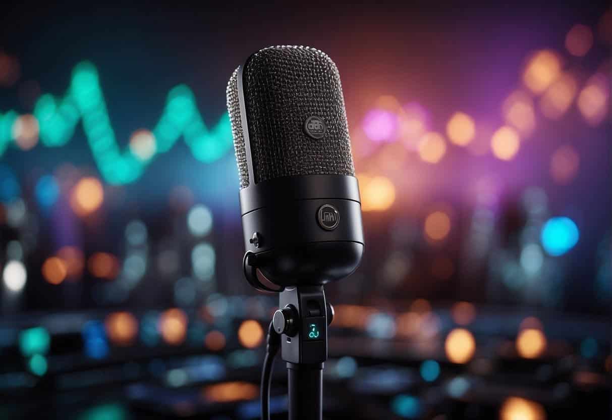 A microphone stands in the center, surrounded by sound waves and digital audio equipment. A graph showing podcast growth and expansion looms in the background