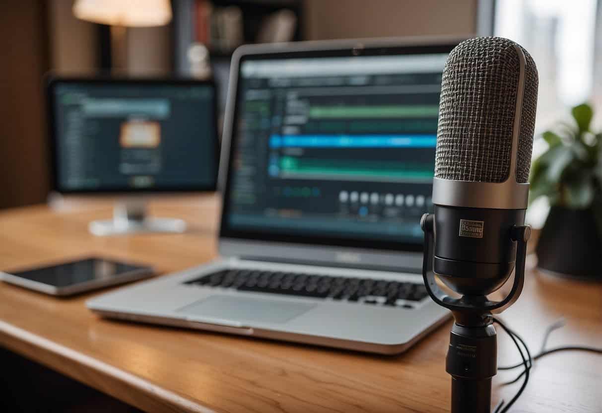 A person speaking into a microphone with a laptop and recording equipment set up on a desk. A sign with the words "Podcasting for Business: Getting Started Guide" is visible in the background