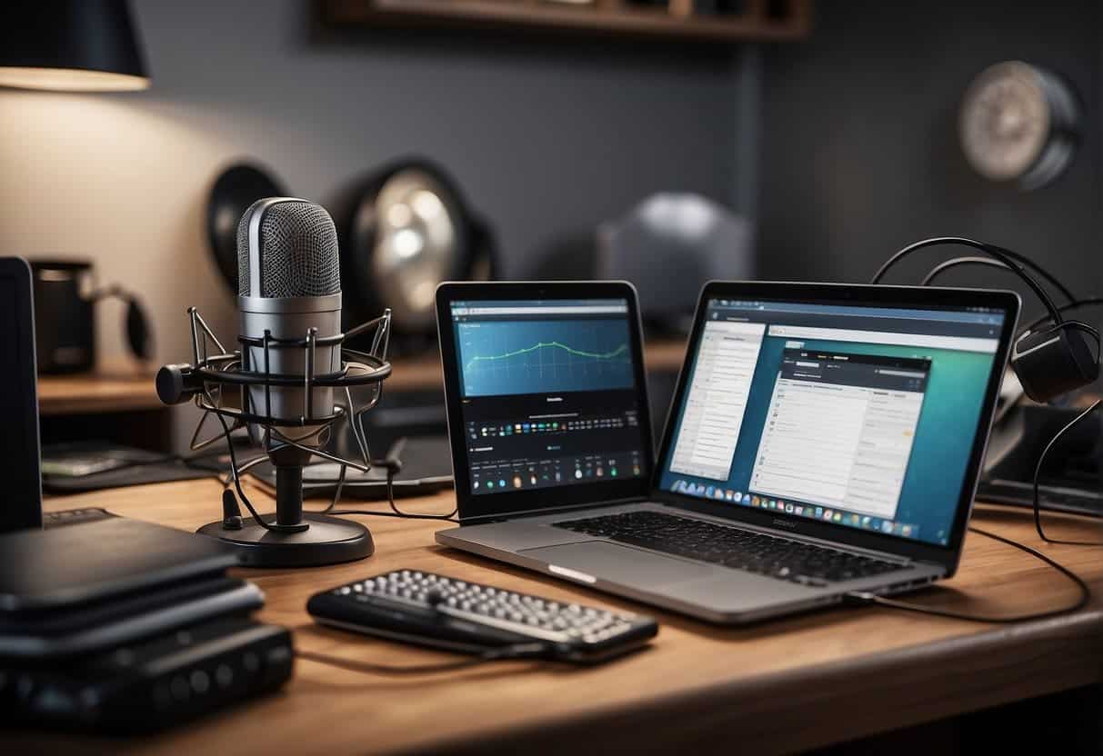 A desk with a laptop, microphone, and headphones. A notepad with podcast ideas and a calendar with scheduled recording dates. A logo and branding materials for the podcast displayed on the wall