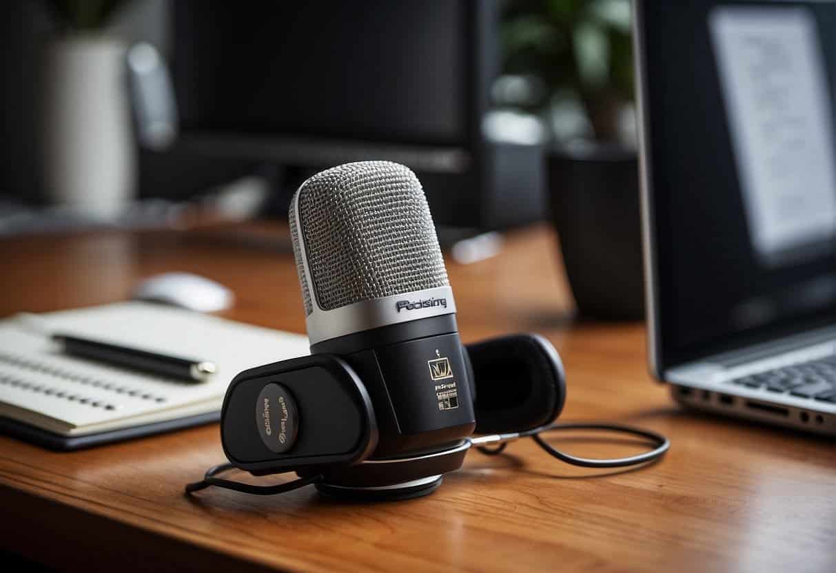 A microphone with a "Podcasting for Business" logo sits on a desk, surrounded by headphones, a laptop, and a notebook with podcasting notes