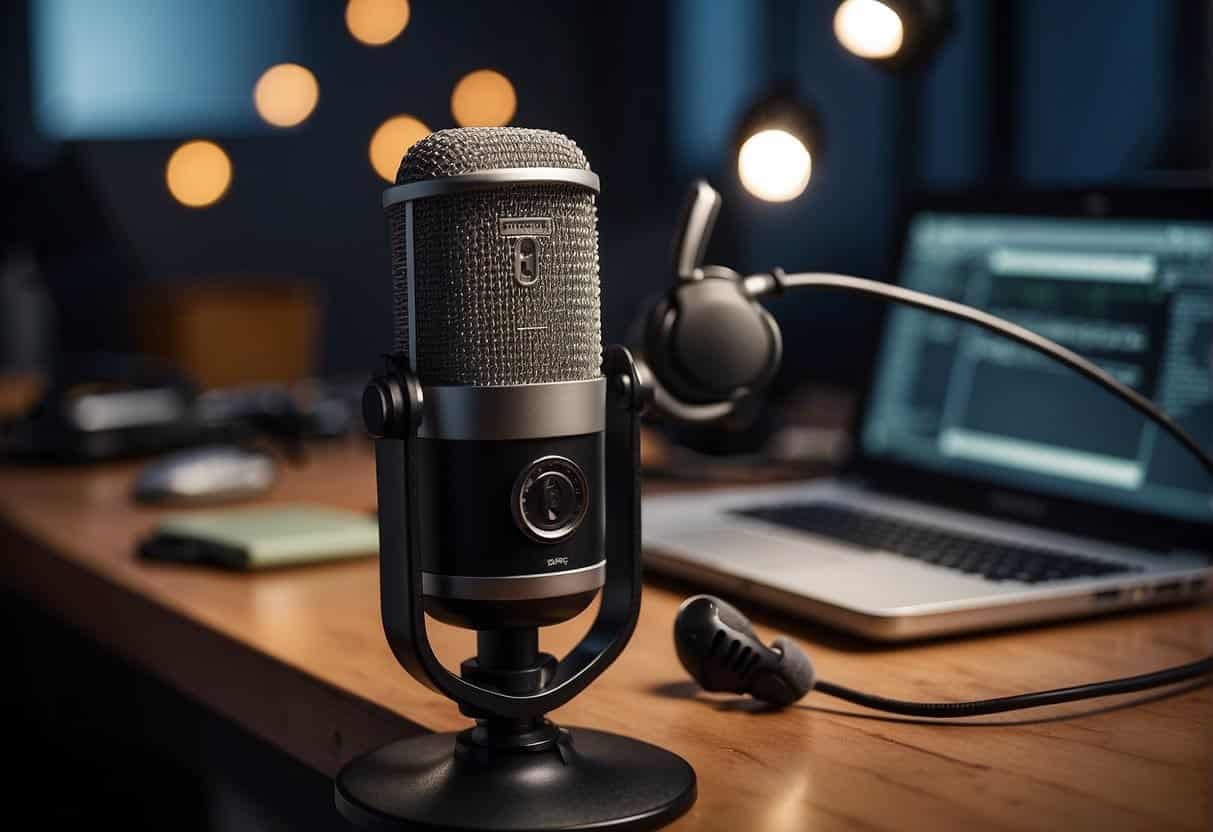 A microphone is set up on a desk with a pop filter and headphones. A laptop with audio editing software is open. A script and notes are scattered around