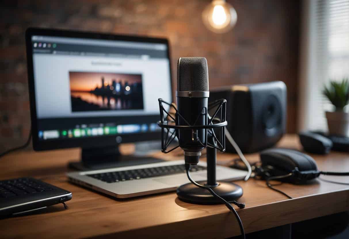 A microphone stands ready on a desk, surrounded by a laptop, headphones, and a notebook. A sign with the words "Setting Up Your Podcast" hangs on the wall
