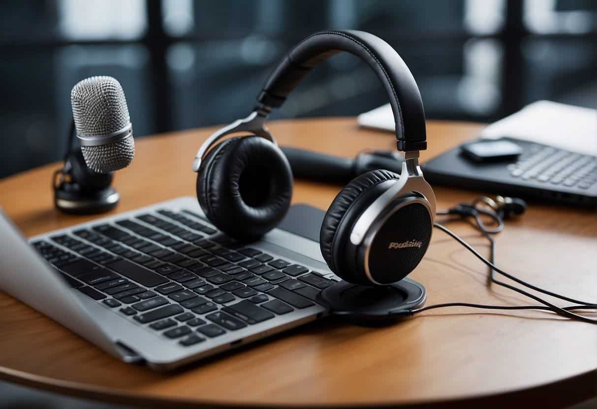 A laptop displaying podcast analytics charts and graphs, surrounded by headphones, a microphone, and a notebook with "Podcasting for Business" written on it
