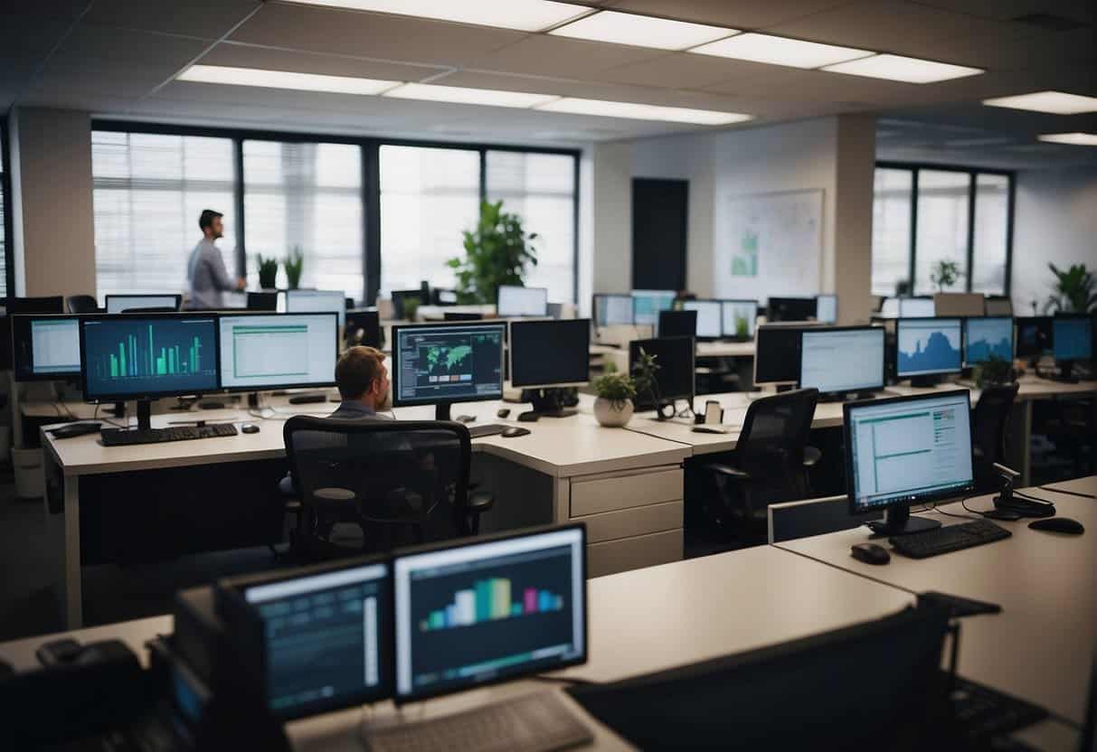 A bustling office with SMEs brainstorming, filming, and editing video content. Computers, cameras, and whiteboards fill the space