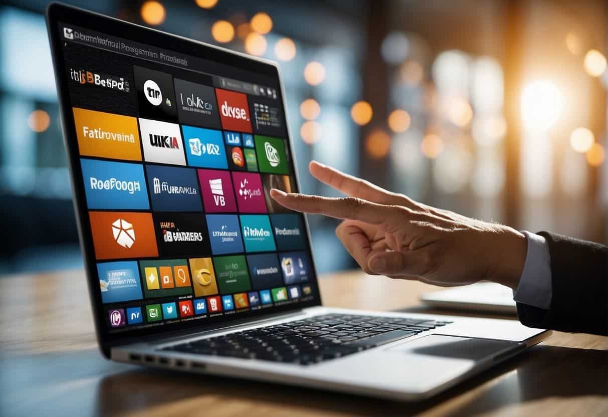 A hand reaching for a variety of domain extensions, including .com, .net, and .org, with a thought bubble above it containing potential brand names