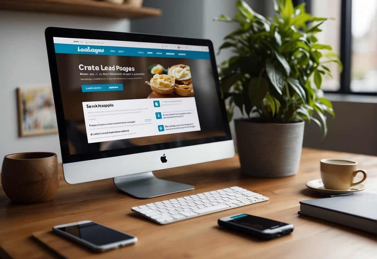 A computer screen displaying the Leadpages dashboard with a cursor clicking on the "Create New Leadpage" button. A smartphone with the Leadpages app is shown nearby