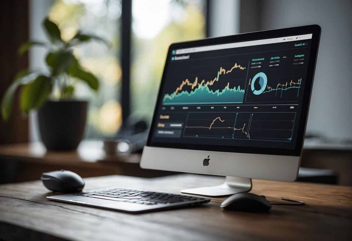 A computer screen showing Leadpages analytics with a graph displaying lead capture performance. A hand hovers over a mouse, ready to click