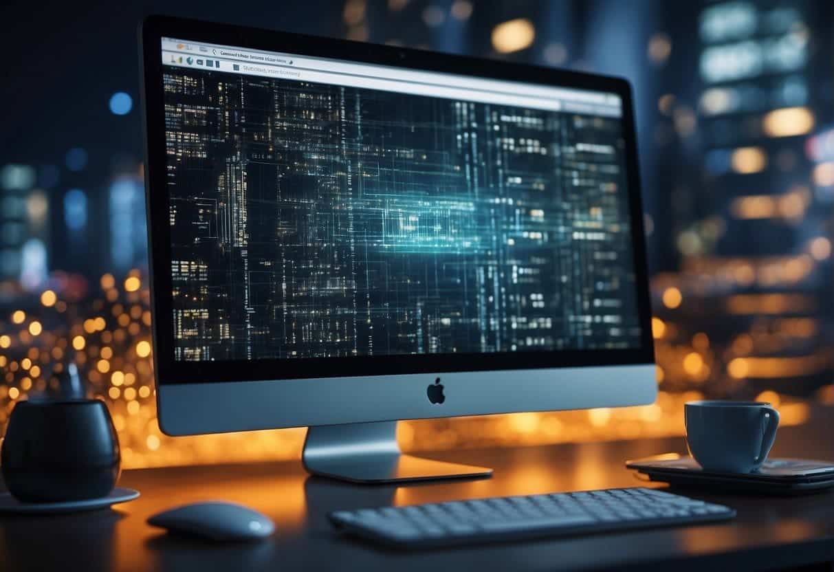 A computer screen with a website being built from scratch, featuring layers of security measures like firewalls and encryption protocols