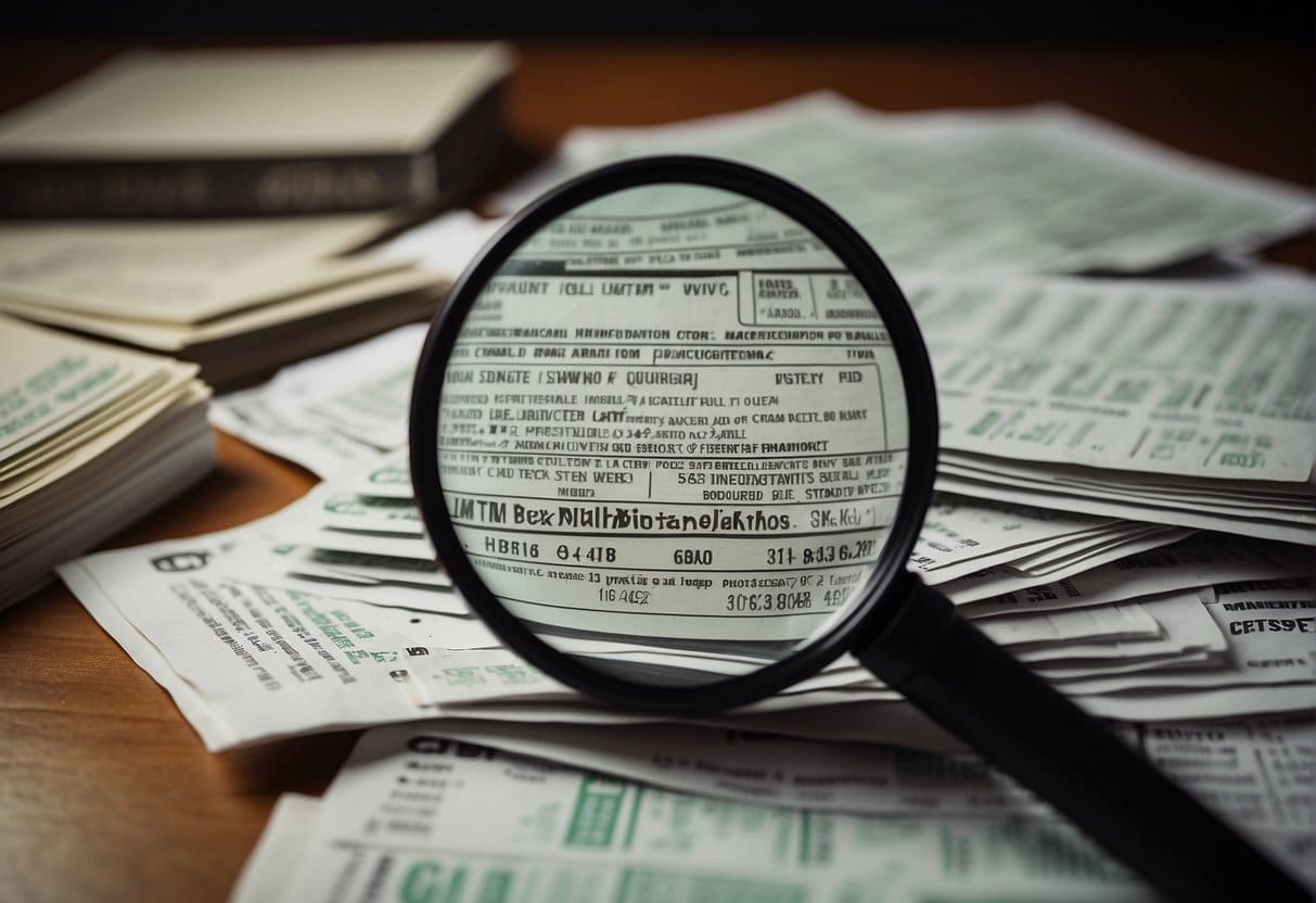 A stack of bills and a magnifying glass on a desk, with a puzzled expression on a person's face