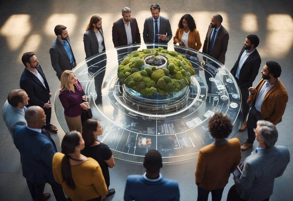 A diverse group of people gather around a central hub, sharing information and resources. Various symbols representing different content management systems are displayed, highlighting the array of options available to beginners