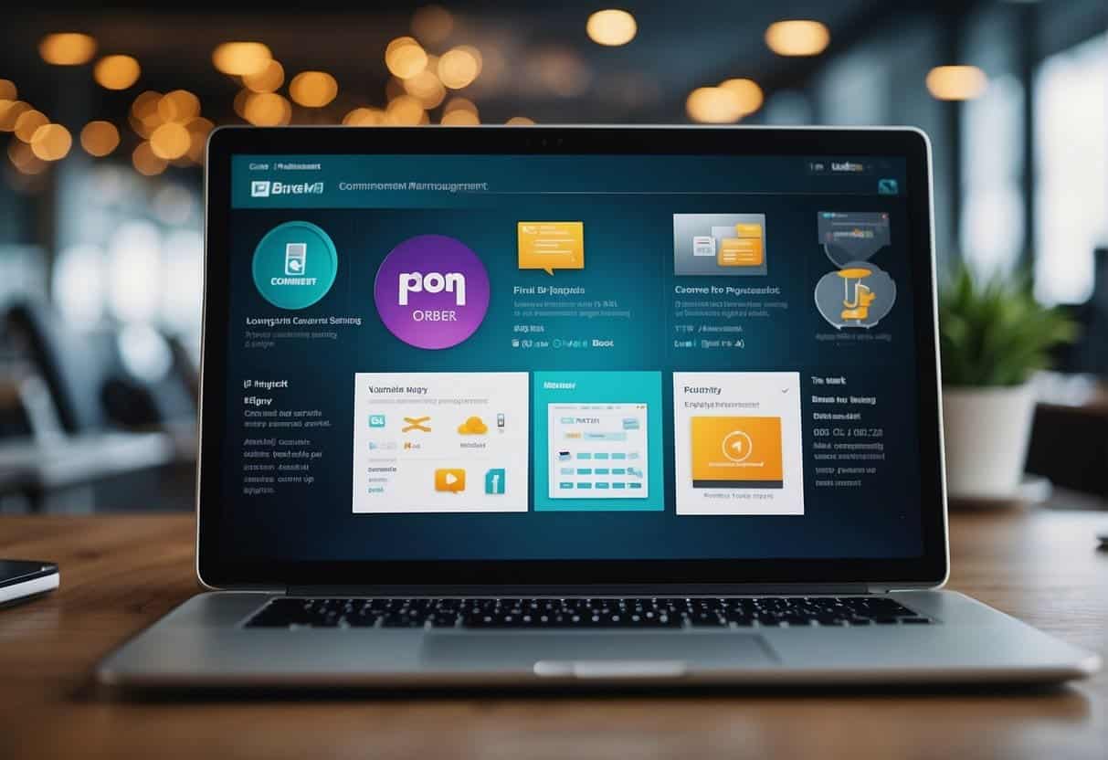 A computer screen displaying a user-friendly content management system interface with e-commerce features. Icons for product management, order processing, and customer support are visible