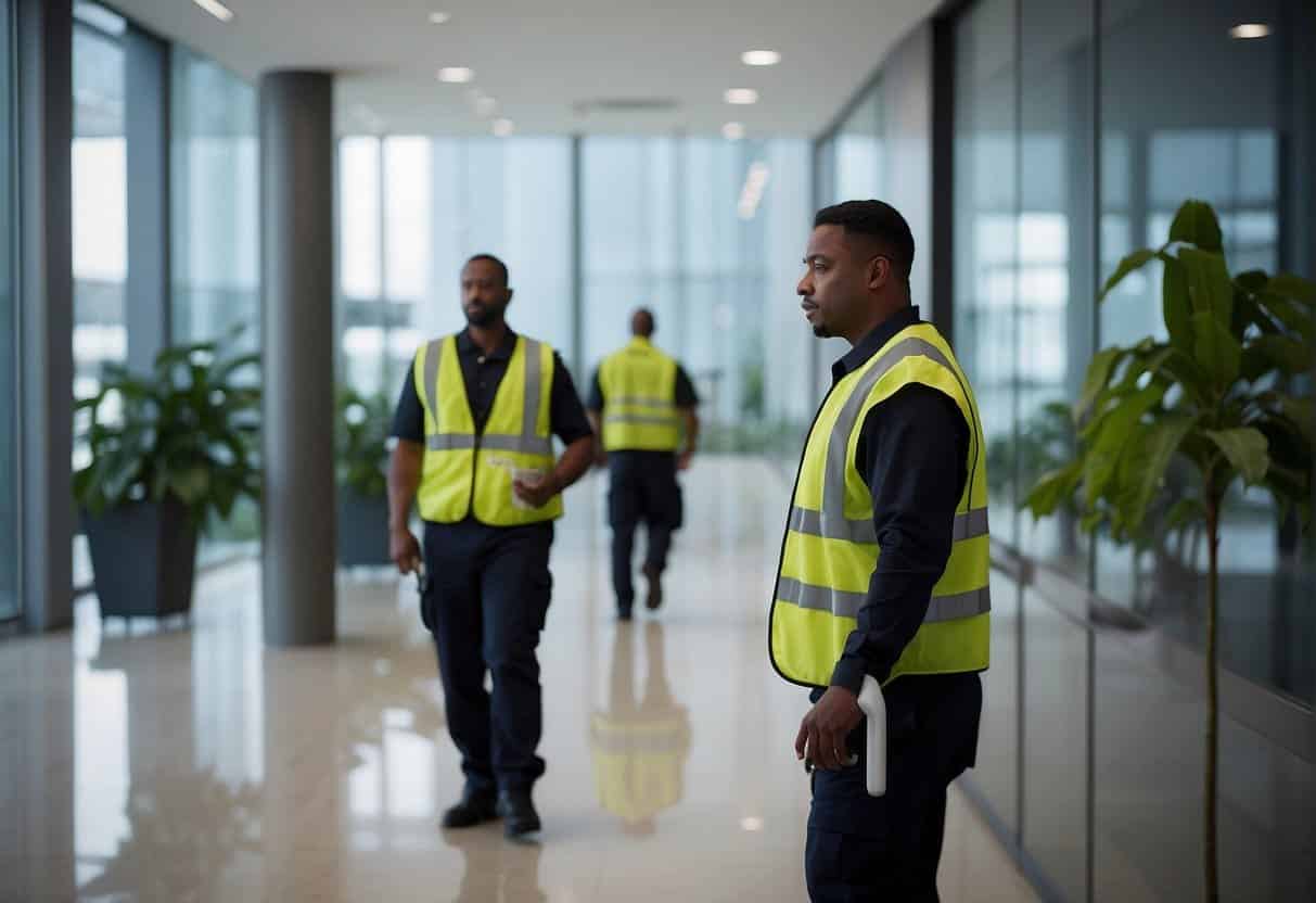 A security guard patrols a modern office building while maintenance workers clean and maintain the premises. The building's content management systems are visible on computer screens throughout the building