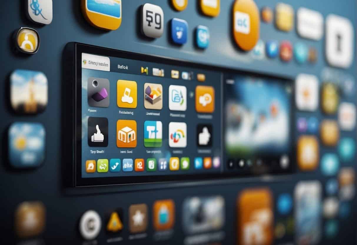 A group of diverse icons and symbols interact on a digital platform, representing the social aspect of web presence and the purpose of a website