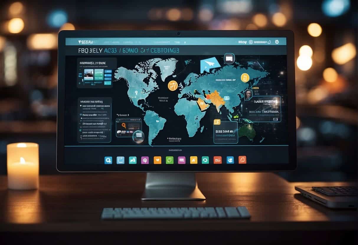 A computer screen displaying a website with a "Frequently Asked Questions" section highlighted, surrounded by various icons and navigation menus